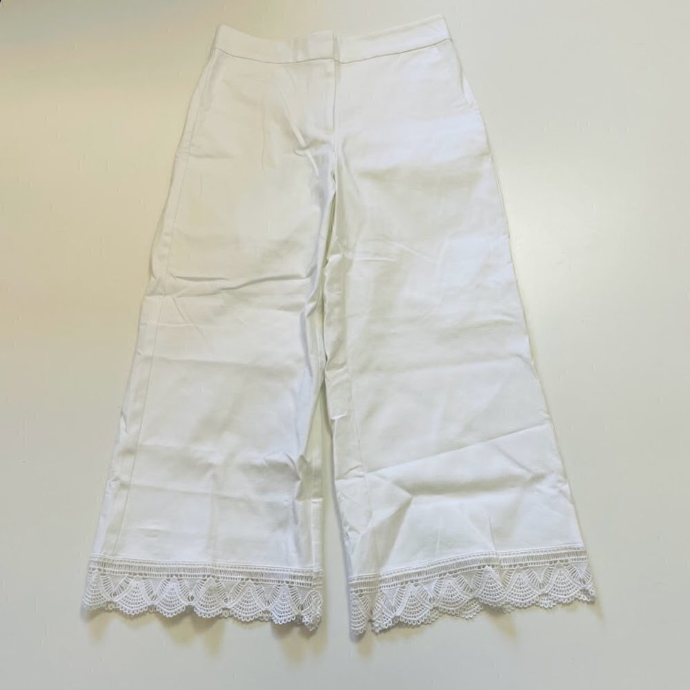 NWT Ann Taylor Pant Trouser Wide Leg Lace Hem White Classic Cotton Party High 6